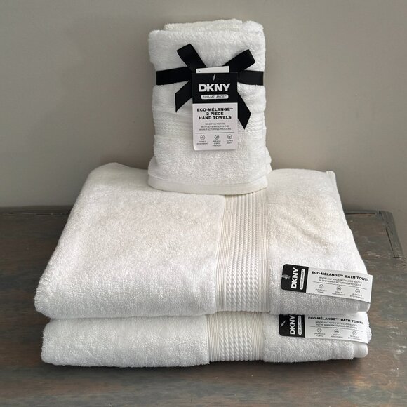 4 Pc DKNY Towel Set White Eco Friendly 2 Hand Towels 2 Bath Towels Eco Melange - Picture 1 of 6